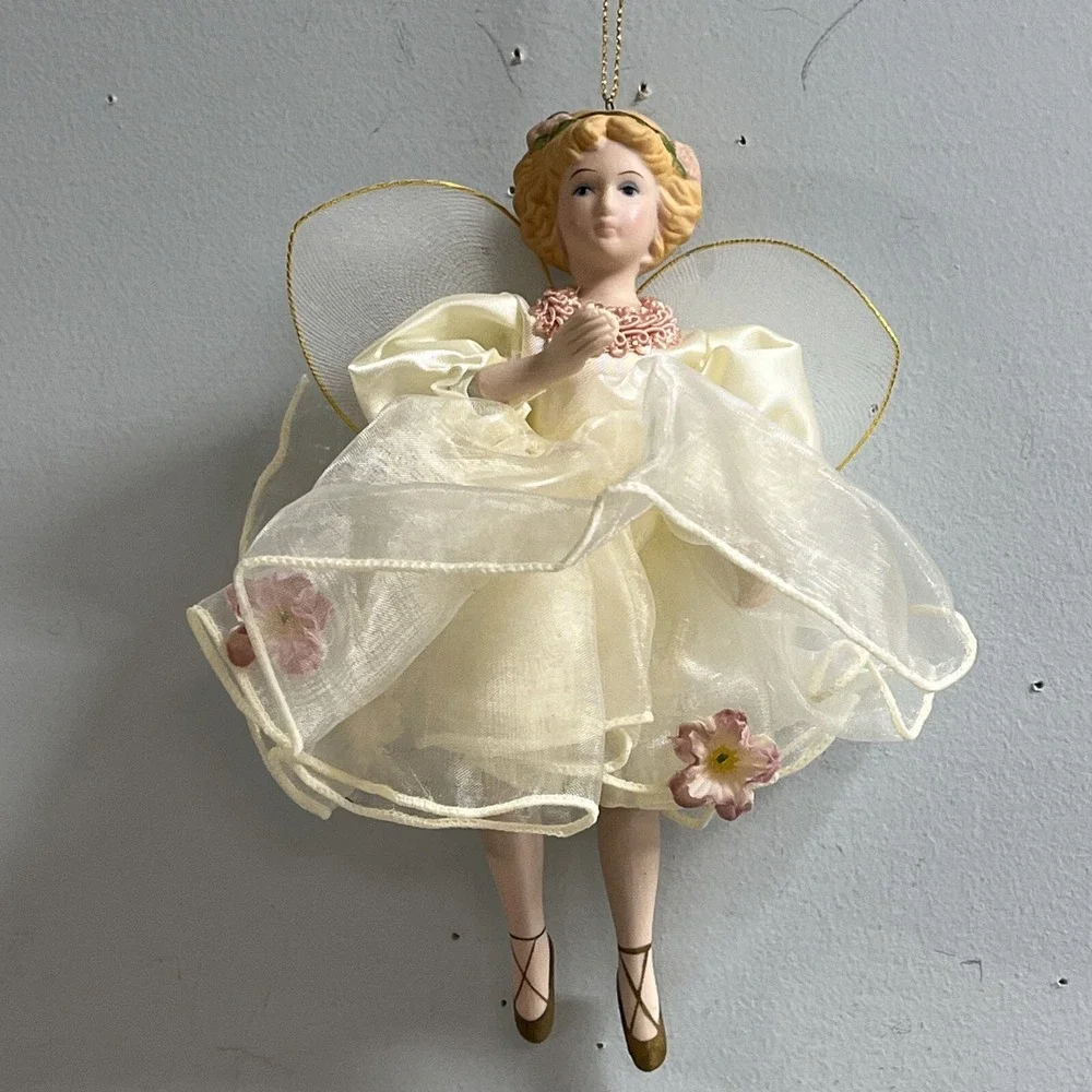 Kurt S Adler Porcelain Angel Christmas Ornament Cream Pink‎ Floral Dress J8873